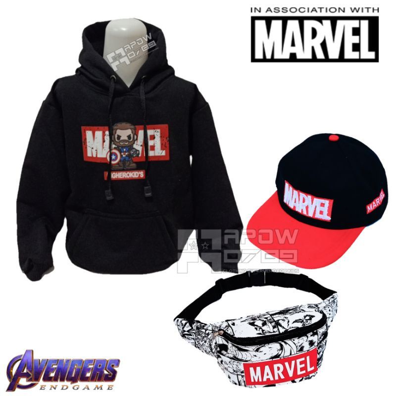 New COD (Bayar Di tempat) Jaket Sweater Hoodie MARVEL 4in1 Dapat Tas Waistbag Topi Baseball Dan Jam Tangan