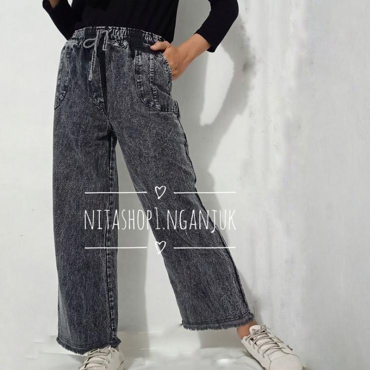 [QAT.18Oc22l] Celana Kulot Jeans Rawis Snow All Size L-XL BB 35-g Pinggang Full Karet/Celana Boyfrie