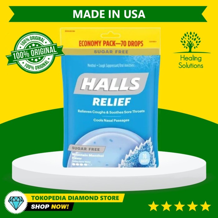 Halls Sugar Free Menthol Permen Batuk Pilek Tenggorokan Isi 70