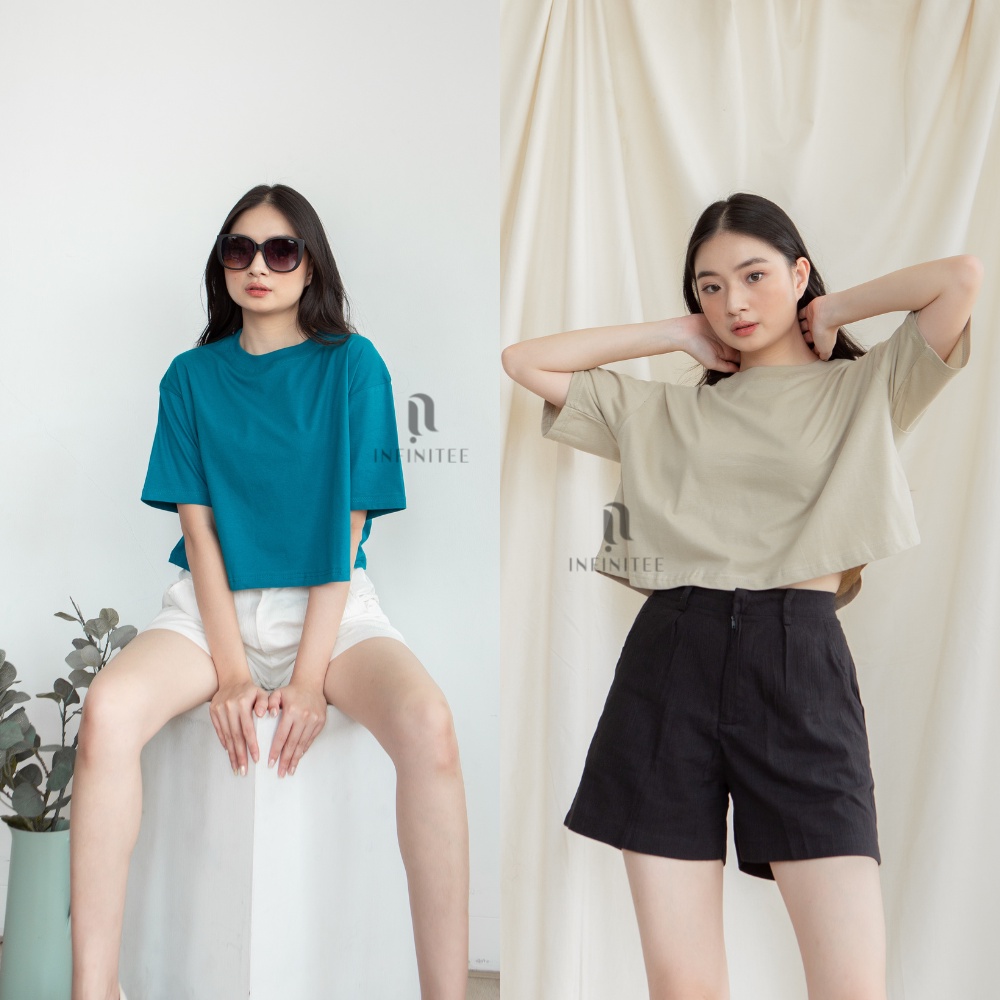 INFINITEE / Kaos Crop Top Oversized Wanita Lengan Pendek Bahan Cotton Combed 30s