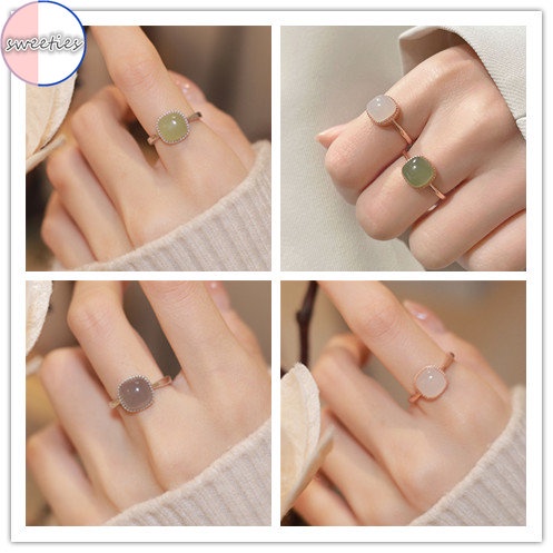Cincin Batu Giok Bentuk Kotak Model Terbuka Gaya Vintage Minimalis Untuk Wanita