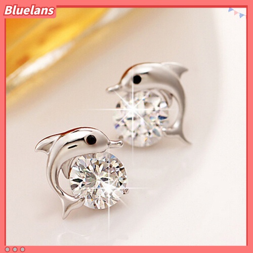 Anting Stud Bentuk Lumba-Lumba Lapis Silver Untuk Wanita
