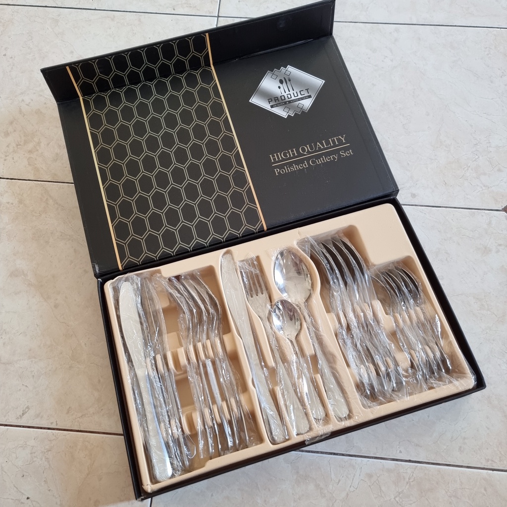 Khatin Cutlery Set Stainless Steel Sendok Garpu 24pcs Gold Cutleries Gift Set