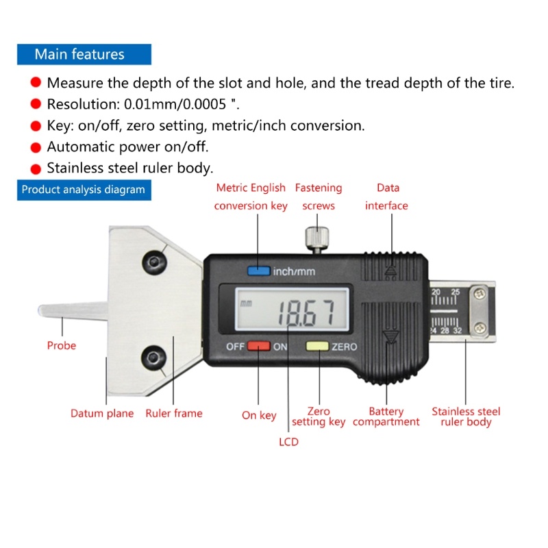 Zzz Alat Pengukur Kedalaman Ban Digital Dengan Layar LCD 0-0.98 &quot;