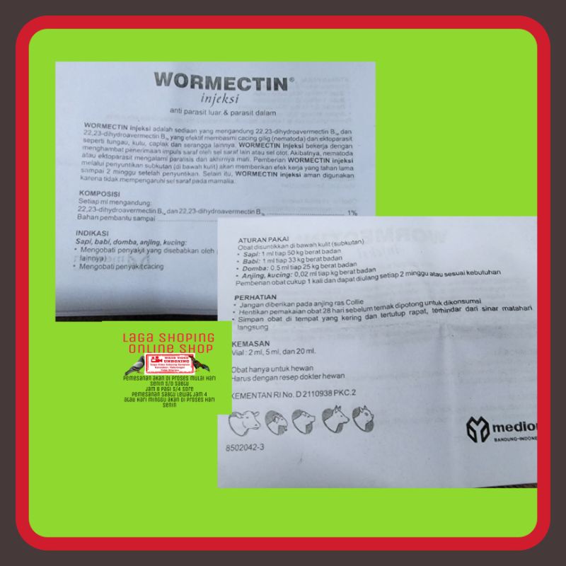 1 BOTOL WORMECTIN 2 ML bonus suntikan 1mili 1bh injeksi anti parasit obat cacing kutu ayam burung kulit kudis kelinci anjing kucing