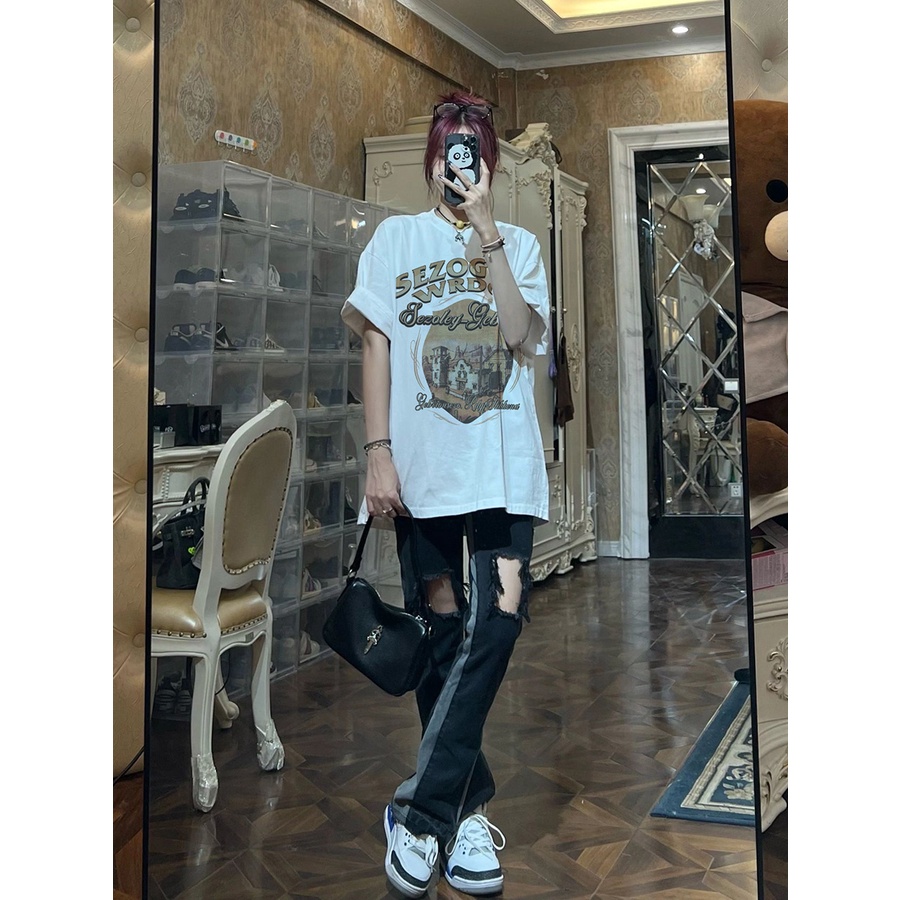 EUNII T-shirt Lengan Pendek Retro Pencetakan Longgar Korean Style/Kaos Atasan Wanita/Baju Kaus Oversize Wanita