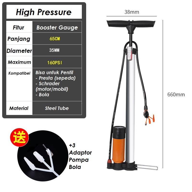 Pompa lantai High Pressure 160 psi Sepeda Motor Bola Mobil floor pump meteran gauge