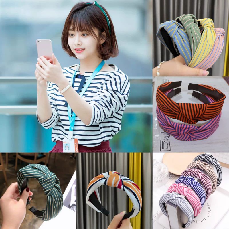 Bando Bandana Wanita Gaya Korean Style Motif Garis Stripe Aksesoris Rambut Wanita Bando Wanita Import Checkered Cross Headhand Bando Anak