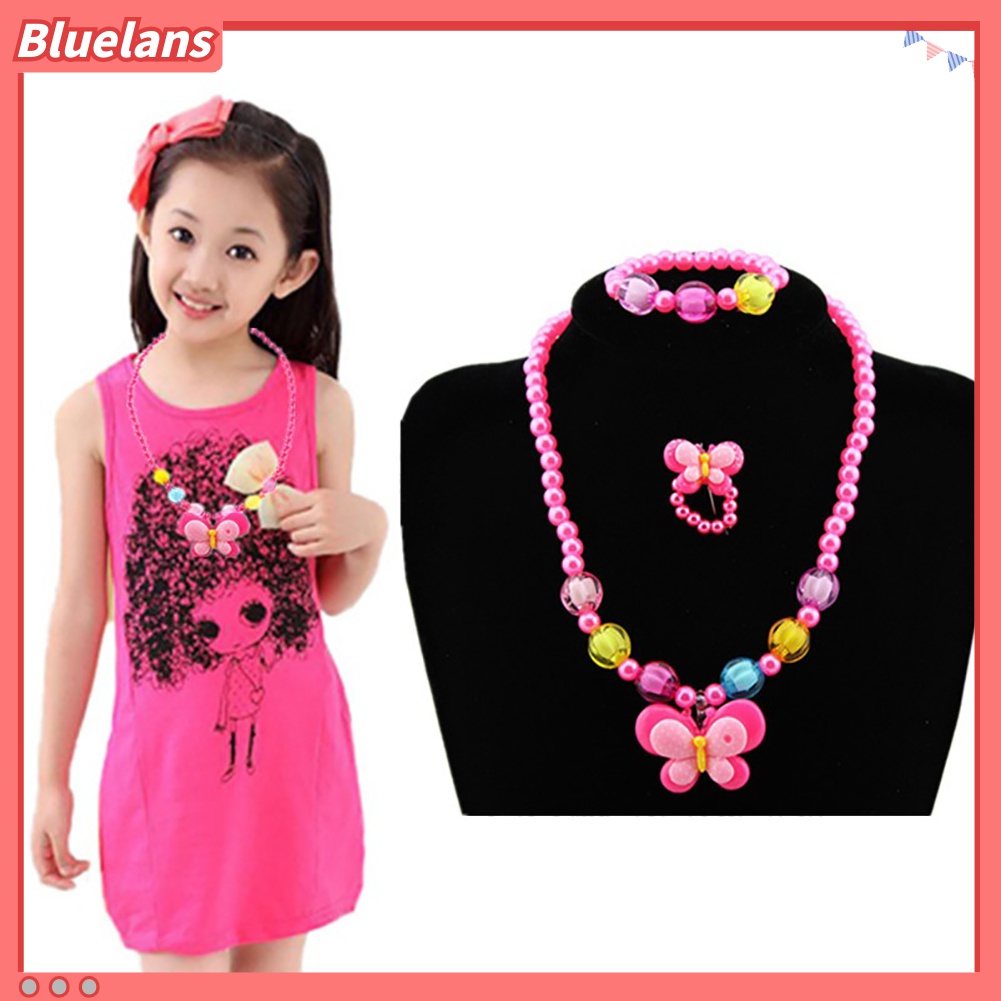 Bluelans 3Pcs / Set Perhiasan Kalung Gelang Cincin Manik-Manik Kupu-Kupu Bebek Kuning Untuk Anak Perempuan