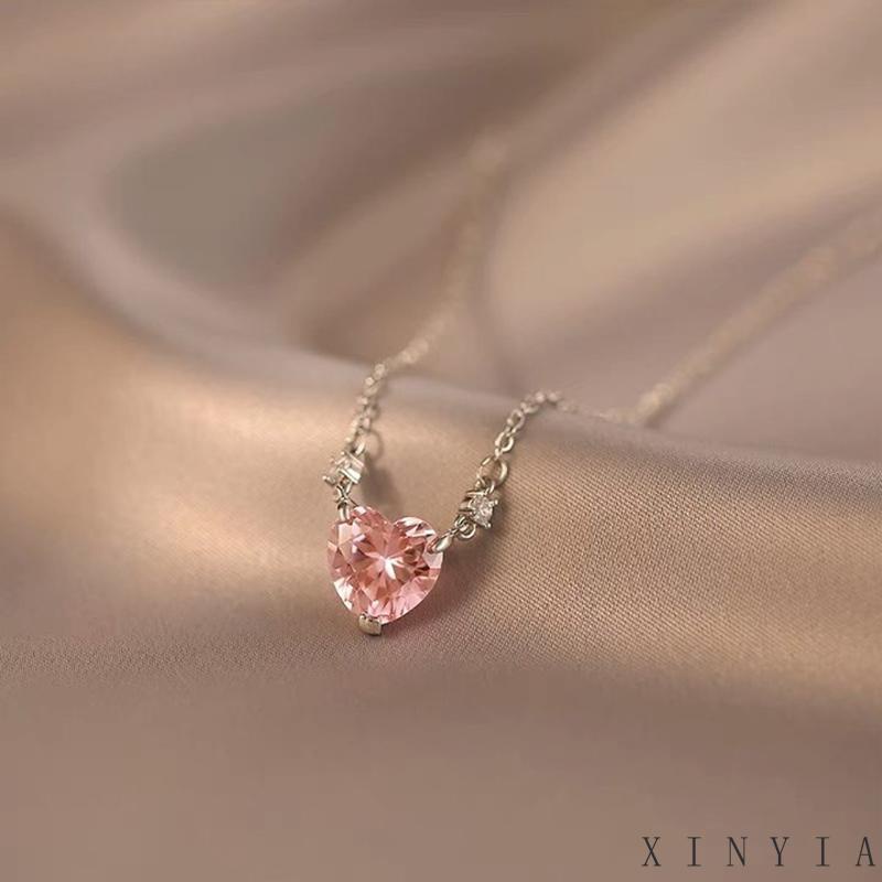 【Bayar di tempat】Kalung Rantai Klavikula Liontin Hati Bintang Bahan Zirkon Warna Pink Untuk Wanita