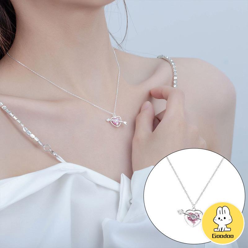 Perhiasan Kalung Korea Bentuk Panah Hati Aksen Berlian Warna Pink Untuk Hadiah Ulang Tahun Aksesoris untuk wanita-Doo