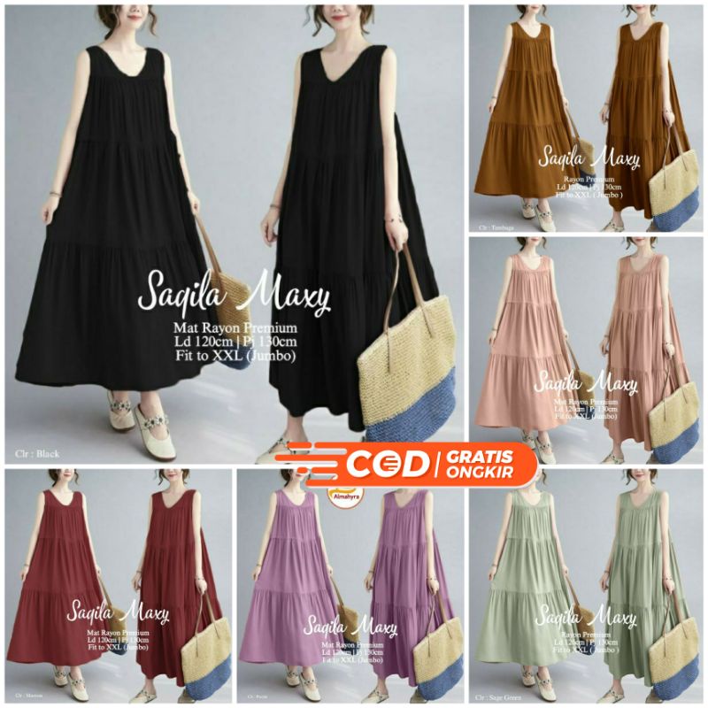 Inner Dress Tanpa Lengan Saqila Maxy Dalaman Gamis Polos Simpel Susun Katun Rayon Oversize Jumbo Ld 