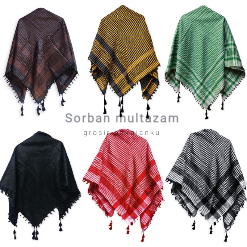 Sorban tenun Multazam tebal / Sorban Anak dan dewasa / Sorban motif jagung Sorban hitam/putih / sorban muslim / sorban arab / sorban habib / sorban haji / kerudung sorban / oleh2 haji dan umroh