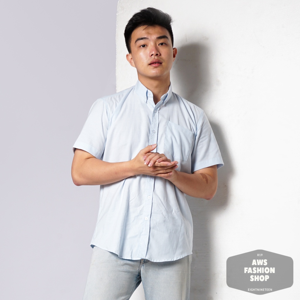 819 Kemeja Pria Lengan Pendek Polos Baby Blue Biru Muda Oxford Basic SIMPLE Slimfit Casual Tersedia Ready Sampai Size JUMBO BIG SIZE XXL XXXL