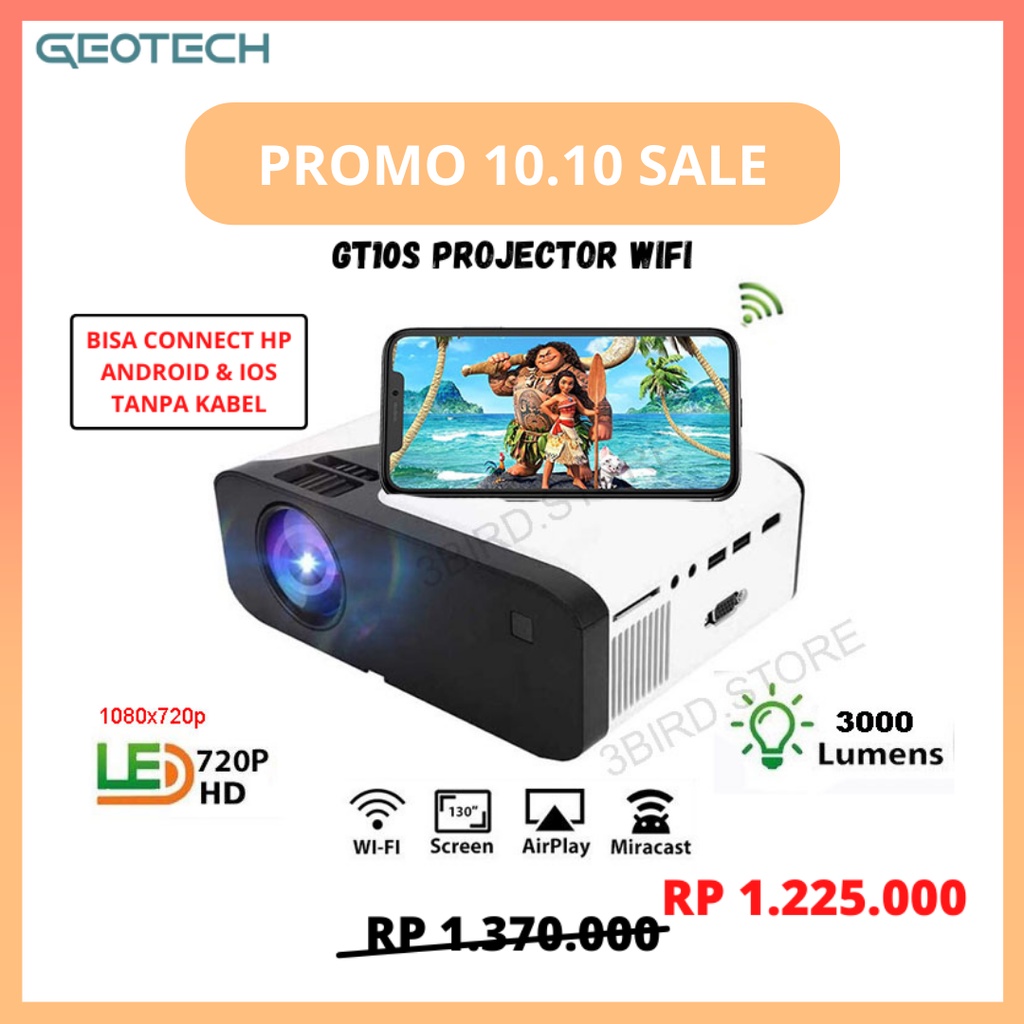 Mini Projector GEOTECH GT10S LCD Smart Projector WIFI Mirroring 3000 Lumen 1080P AV USB Mini Proyektor