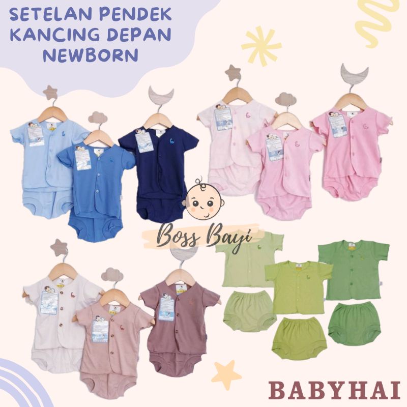 BABY HAI Setelan Lengan Pendek Celana Pop Bayi Warna Polos Newborn