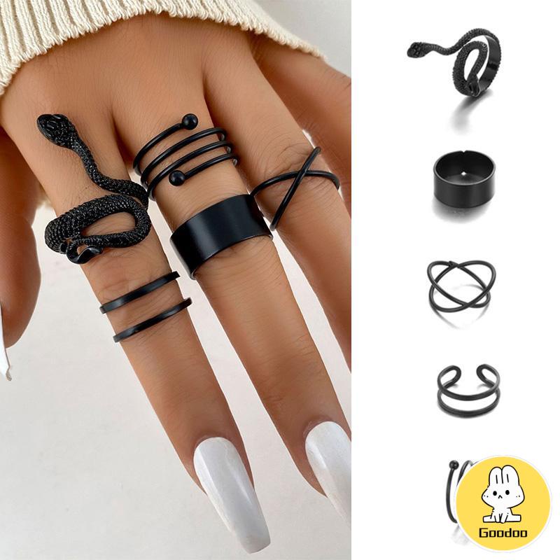 5PCS kreatif ms. Jane cincin wanita menggabungkan cincin ular hitam geometri -Doo