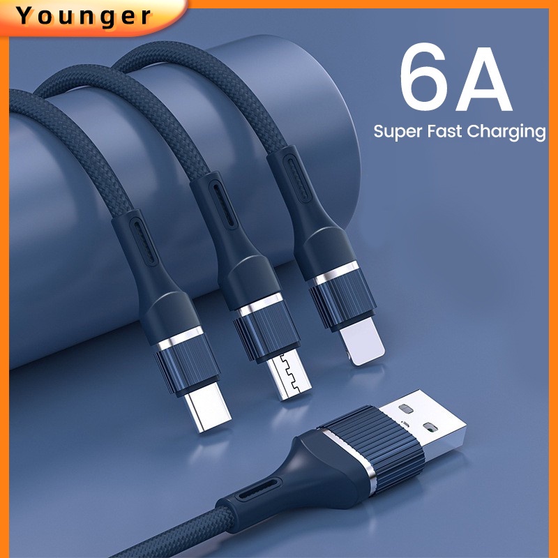 Kabel Data / Charger Micro USB / Type C / Lightning / Lightning 100W / 6A 3 in 1 Fast Charging Untuk Iphone / Android