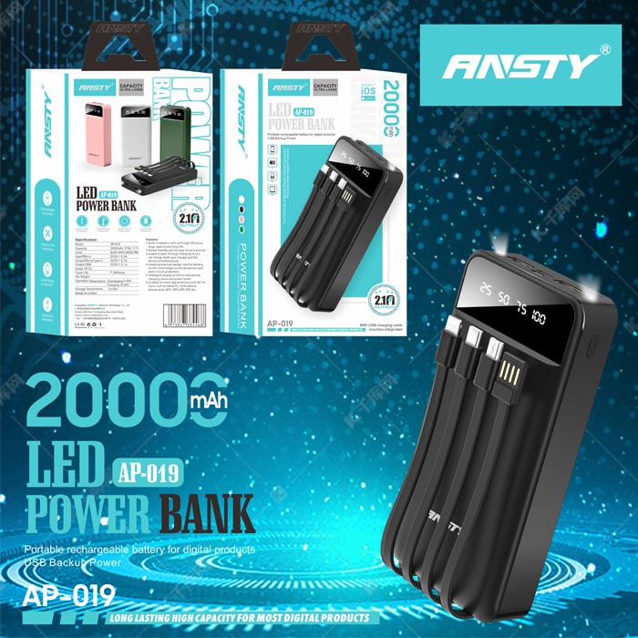 ANSTY POWERBANK AP-019 - POWERBANK 2 USB KABEL MICRO LIGHTNING TYPE C