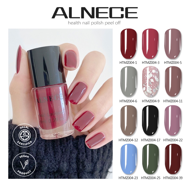 ALNECE 40 WARNA Kutek Halal Peel Off Cat Kuku Halal Muslimah Bisa Kupas bisa untuk sholat kuteks 8ml