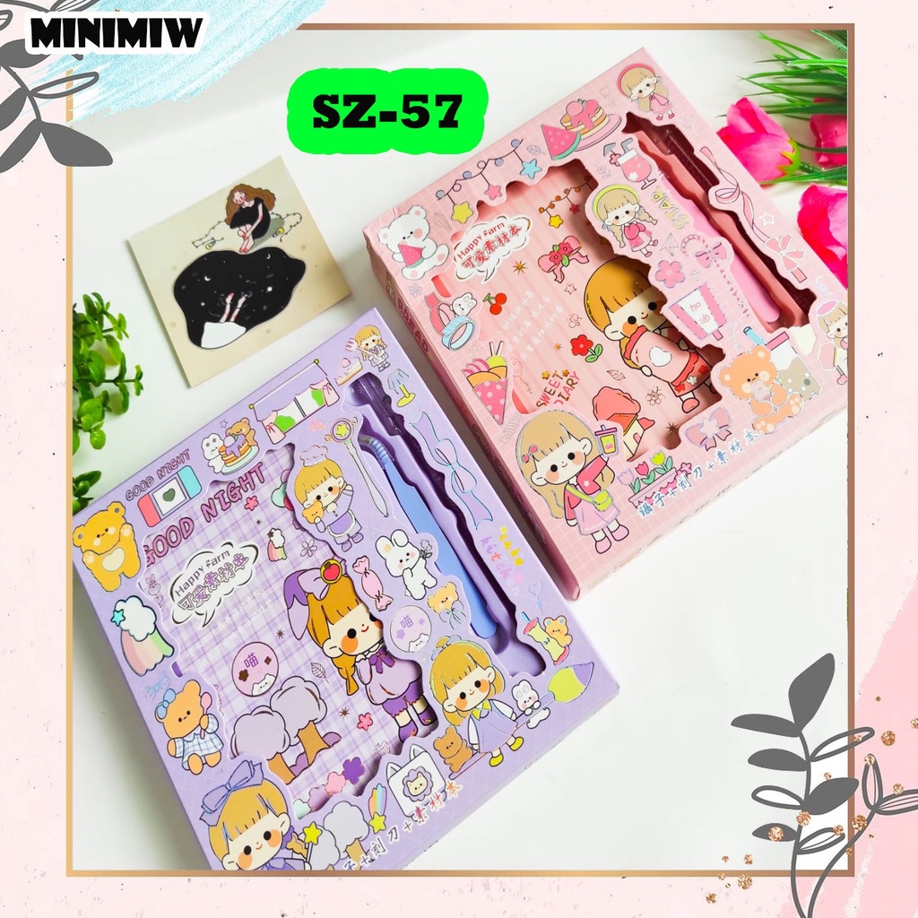 PAKET STICKER HAPPY FARM ADA PISAU PEMOTONG DAN PINSET (3 IN 1)  KODE SZ-57 DAPAT STICKER 12 LEMBAR DAN CUTTER UNIK ALAT JURNALING LUCU IMUT KARAKTER GAMBAR