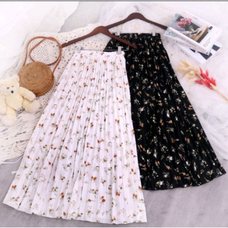 Rok plisket motif bunga kecil korean style super mayung, jumbo