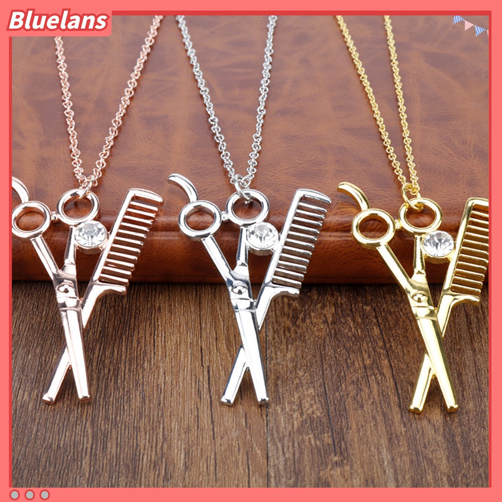 Kalung Dengan Liontin Bentuk Gunting Sisir Aksen Berlian Imitasi Untuk Unisex