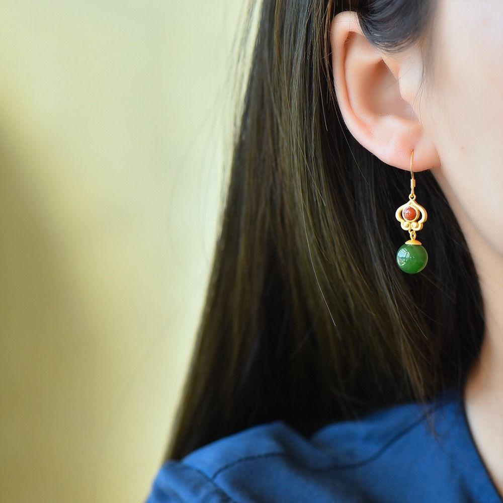 Mxbeauty Anting Wanita Warna Solid Retro Pesta Fashion Desain Manik Hijau Lady Menjuntai Earrings