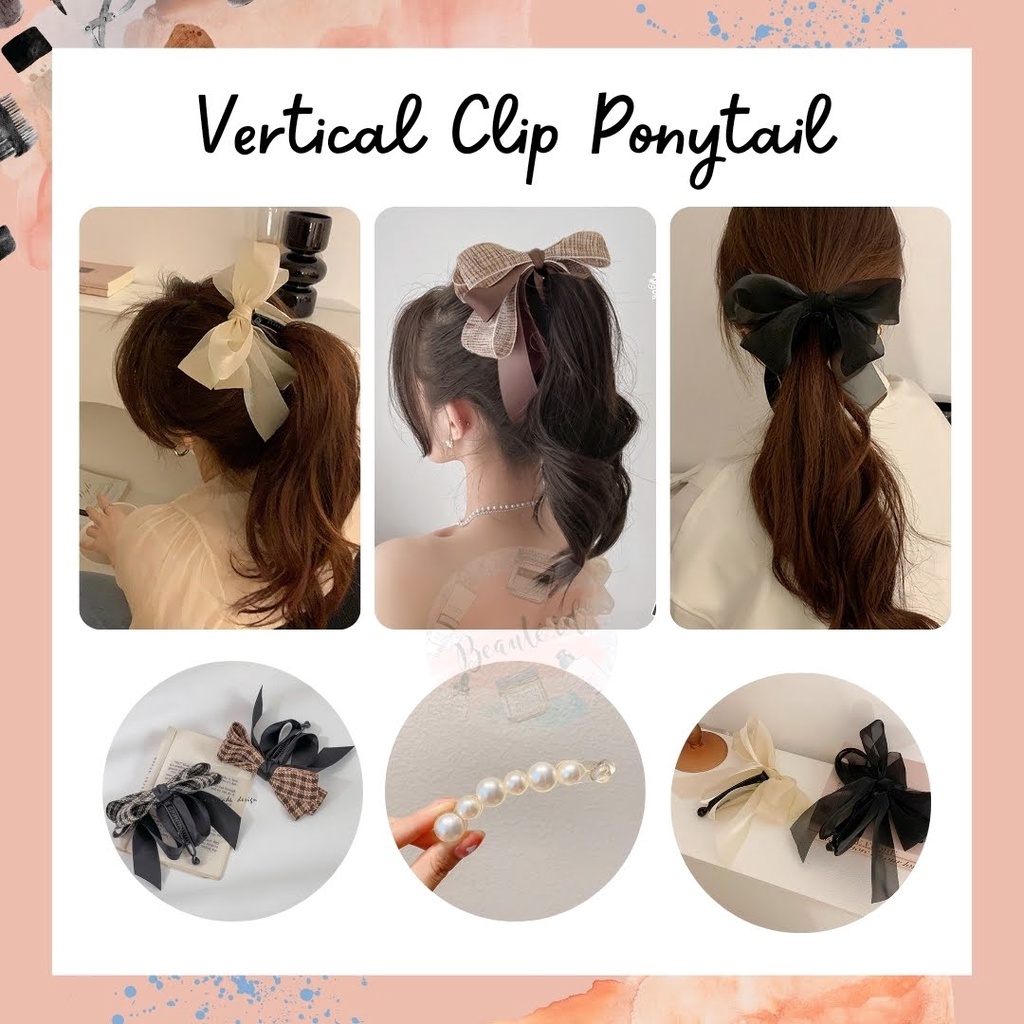 Jepit Rambut Pisang Model Pita / Mutiara Klip Jepitan Vertikal Ponytail Unik Lucu Imut Manis Aksesoris Rambut Perempuan Bow Vertical Clip High Ponytail Fixed Claw Clip Hairpin Female Untuk Pesta Acara Sekolah Kampus