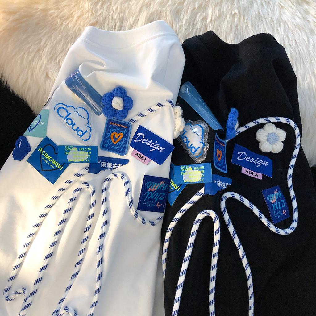 [littlecrab] Kaos Oversize Outline Pita Biru Putih Design Awan Bunga Kupu-Kupu Bordir T-shirt Couple Unisex Lembut Berkualitas Motif Cloud Flower Blue White Unik Korean Style