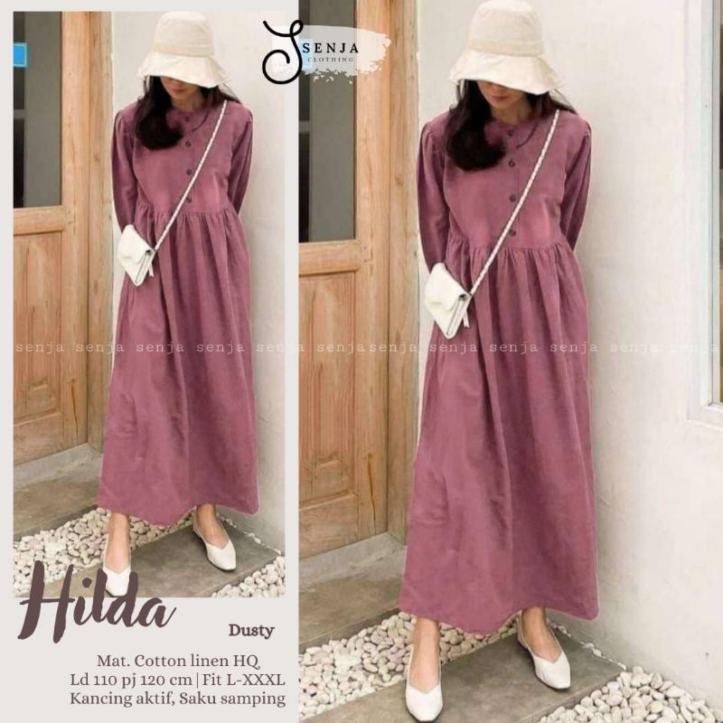 Hilda Midi Dress Wanita Polos Cotton Linen Ld 110