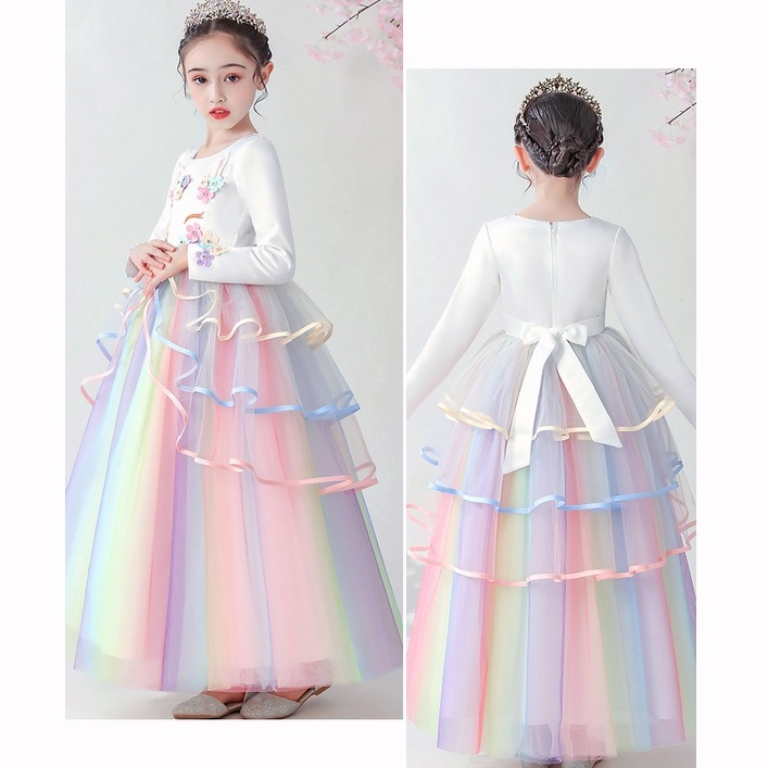 Anak -anak Gadis Unicorn Gaun Renda Busur Ball Bola Gown Putri Pesta Bithday Gaun Lengan Panjang Hadiah