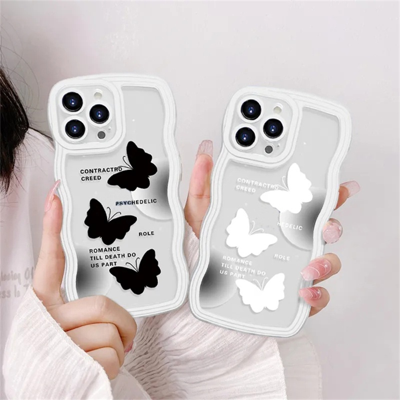 Soft Case Karet Tebal Shockproof Motif Kupu-Kupu Hitam Putih Untuk iPhone 14 13 12 11 Pro Max X Xr Xs Max 8 7 6 6s Plus