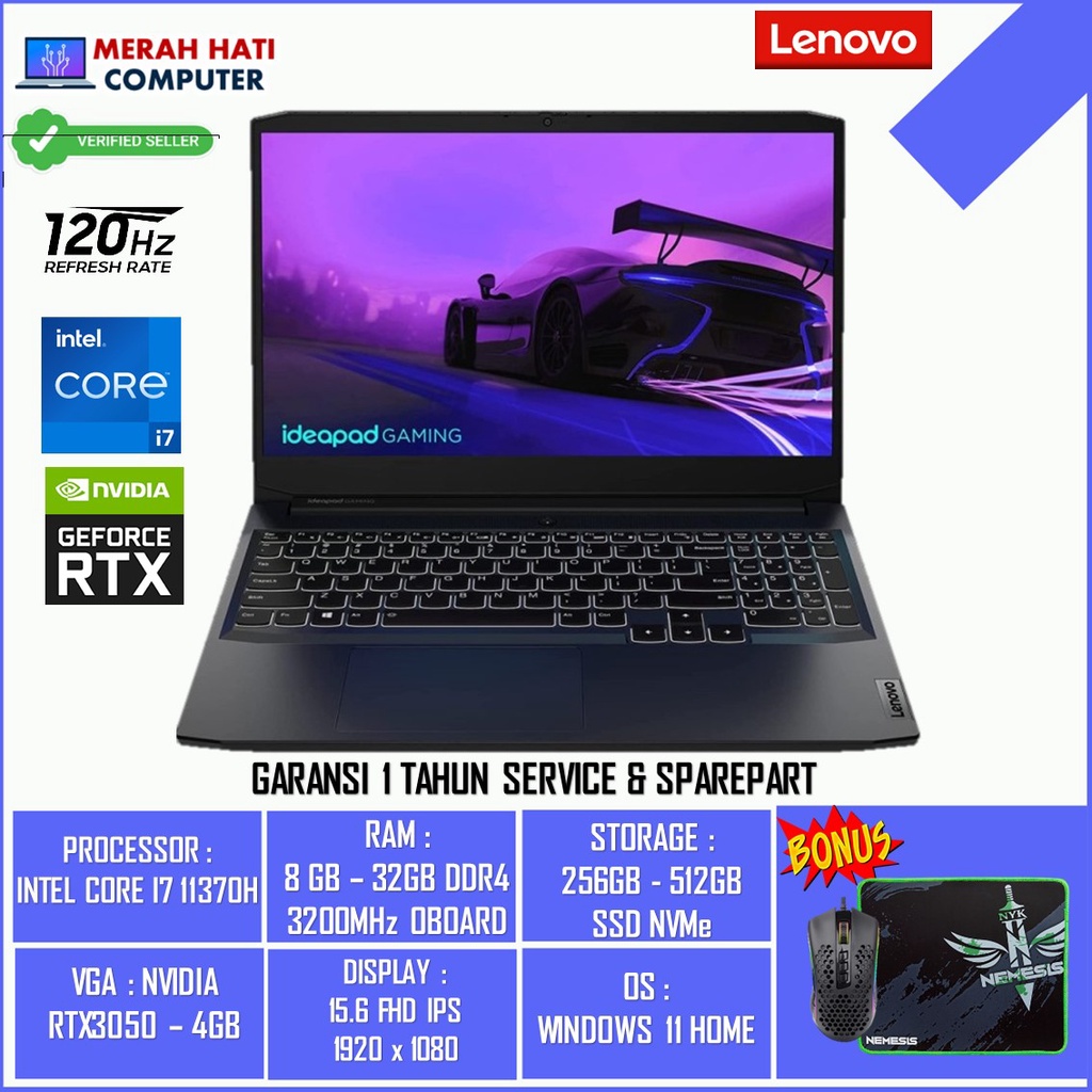 Laptop Gaming Lenovo ideapad gaming 3i 15 INTEL I7 11370H 8GB 256GB + 1TB RTX3050-4GB 15.6&quot; FHD IPS 120HZ BL WIN11HOME