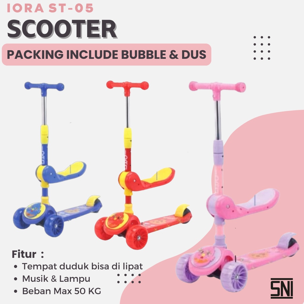 Premium Skuter Lipat Scooter Otopet Anak IORA ST05 Roda Tiga Dudukan Lampu Musik