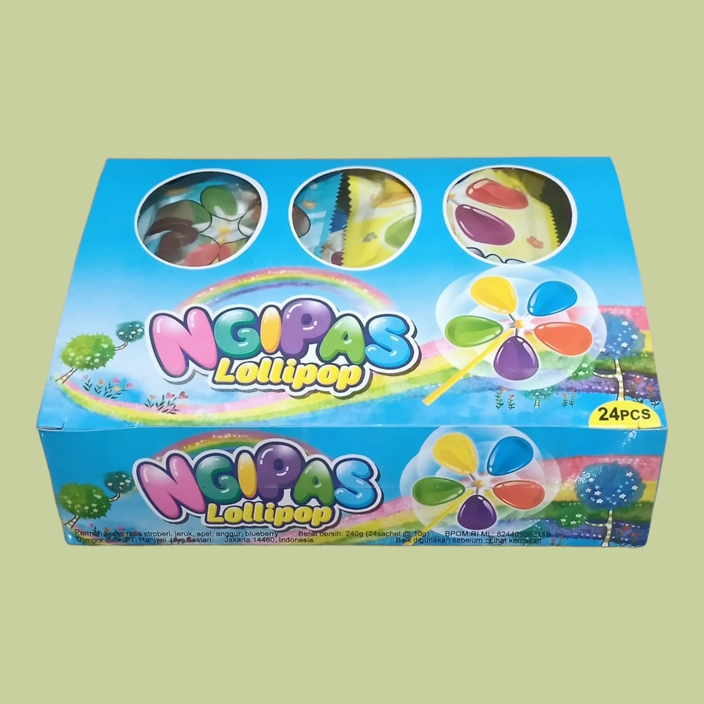 

Ngipas Lolipop Permen Lolipop Bentuk Kipas 10 gr (24 pcs/box]