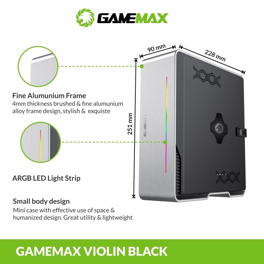 Gamemax Violin Silver Ultra Slim Mini ITX PC Case with LED Rainbow