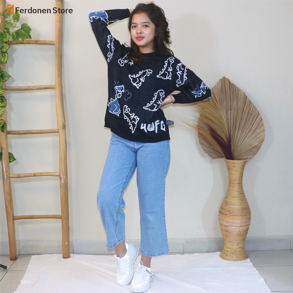 FERDONEN STORE - Sweater Wanita Rajut Motif Dino - Sweater Wanita Terbaru 2022 - Atasan Wanita Motif