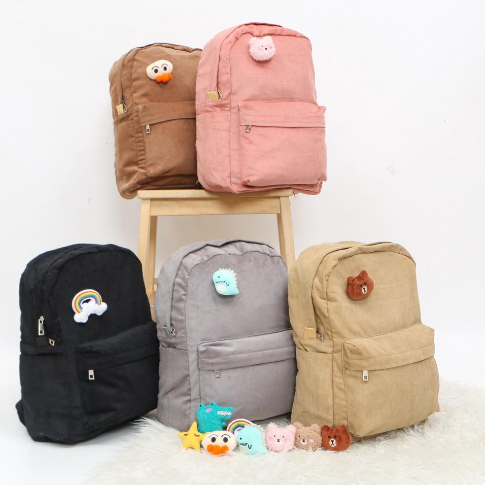 Himeku OOGIE PIN Backpack Corduroy Tas Ransel Tas Sekolah Tas Gendong {NDA.18Oc22ᴰ}
