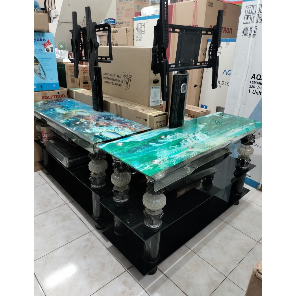 Meja Rak TV Kaca Titanium + Bracket Tempered Glass Murah
