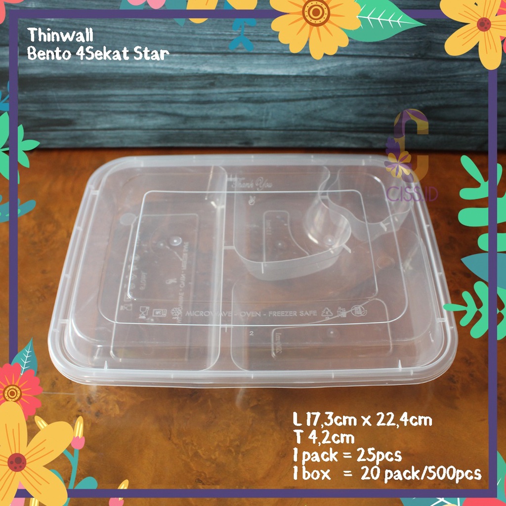KOTAK MAKAN PLASTIK THINNWALL 4 SEKAT BINTANG STAR SATUAN KEMASAN MAKANAN NASI CATERING BENTO BOX FO