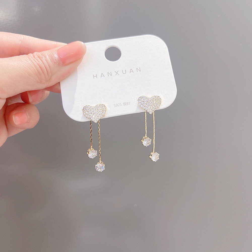 1 Pasang Anting Tusuk Gantung Asimetris Bahan Sterling Silver 925 Desain Hati + Rumbai Gaya Elegan / retro Untuk Wanita