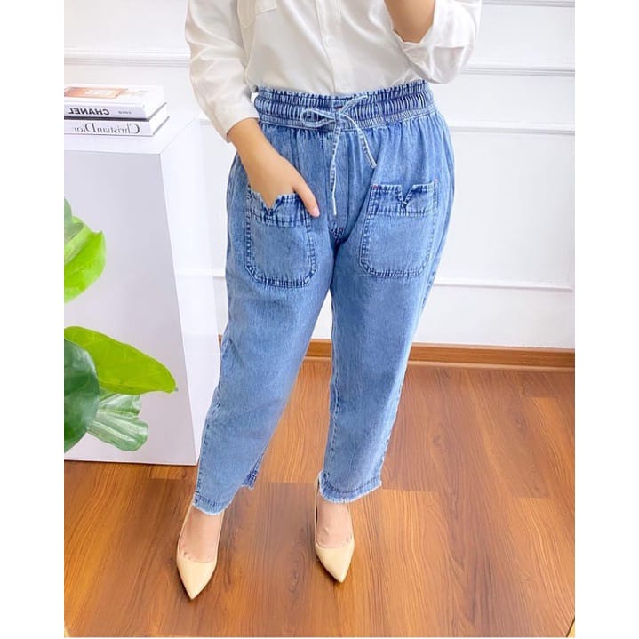 Poppy Baggy Pants Celana Jeans Wanita Pinggang Full Karet Bawah Rawis