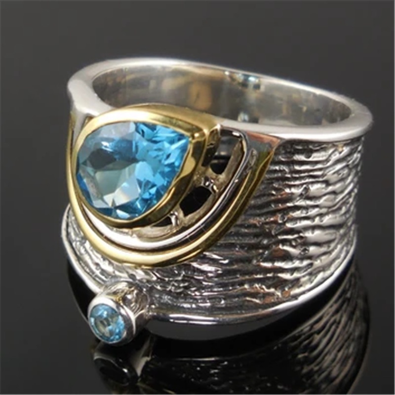 Cincin Kristal Zircon Biru Bahan Metal Gaya Etnik Tradisional Untuk Wanita