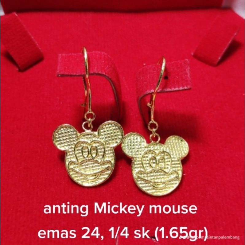 Anting rambai mas Mickey Mouse (Miki) emas 24 asli, Kadar 92%, 1 gram, 1/4 suku sk (1.65gr) &amp; 1/2 suku (3.35gr) 24k karat antingan anak &amp; dewasa gold earrings