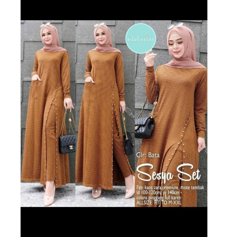 Setelan Celana Gamis Wanita Muslimah Motif Kotak-Kotak SESYA SET by Fashion Hijab Solo • SAG.18Oc22c