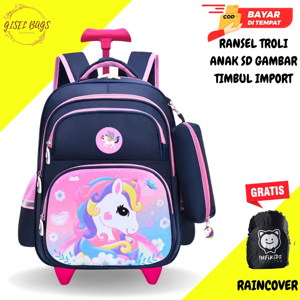 Tas troli anak perempuan sekolah sd gambar timbul karakter lucu dan unik waterproof