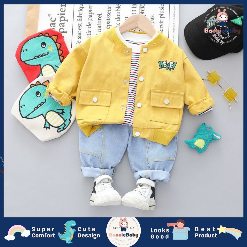 boonie SET HEY YOU DINO EBV Setelan 3in1 Kemeja Bayi anak Laki-laki import Lengan panjang Berkualitas