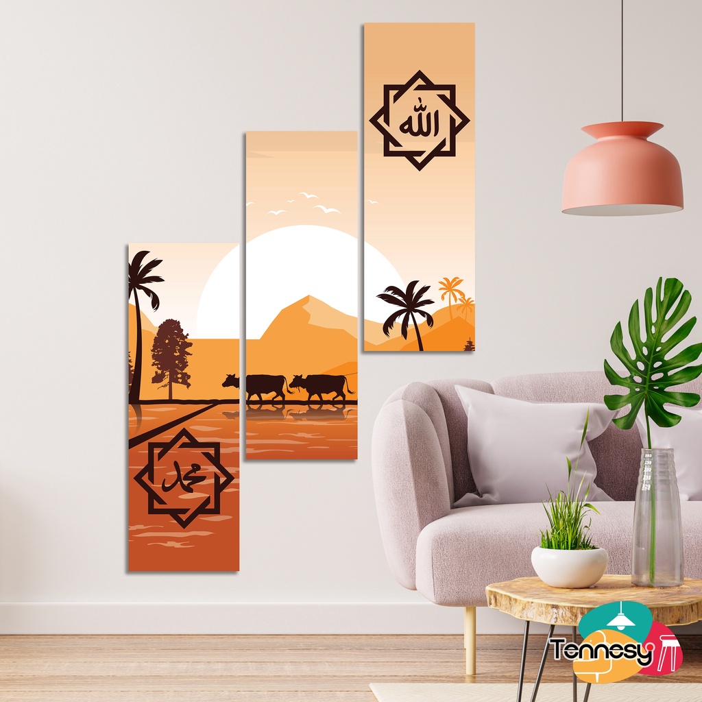 TENNESY HIASAN DINDING KALIGRAFI ALLAH MUHAMMAD LONG LANDSCAPE 15x45CM 3 PANEL WALL DECOR PAJANGAN KAYU POSTER DEKORASI DINDING KAMAR RUMAH