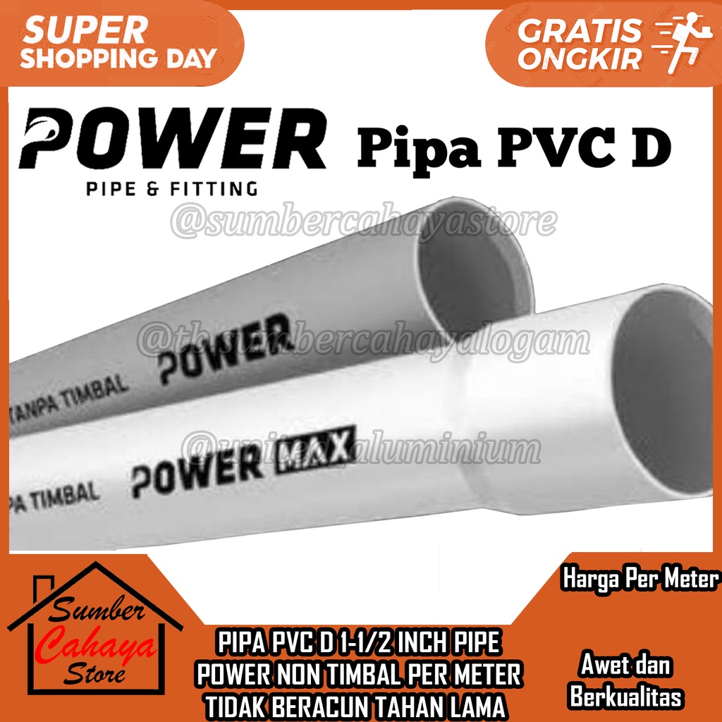 Pipa Paralon PVC 1 1/2 inch D Putih Abu Power NON TIMBAL PER METER TIDAK BERACUN TAHAN LAMA PRALON U